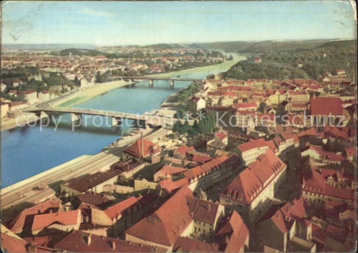 Meissen Elbe Sachsen Panorama Blick von den Domtuermen Bruecken