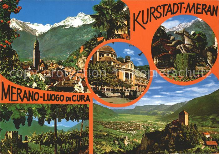 Meran Merano Stadtbild mit Texelgruppe Weinanbau Hotel Skulptur Schloss Tirol