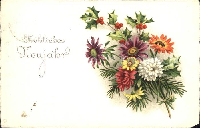 Neujahr Blumen Stechpalme Litho