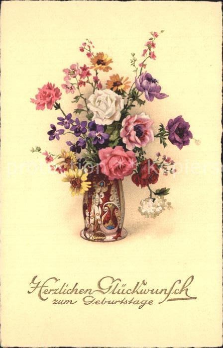 Geburtstag Rosen Nelke Veilchen Margeriten Vase Litho
