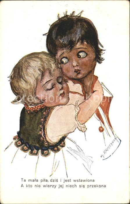 Kuenstlerkarte M. Kruszynski Kinder Umarmung