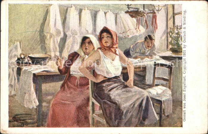 Kuenstlerkarte Josef Engelhart Schneider Frauen Kleidung Alt-Wiener-Serie