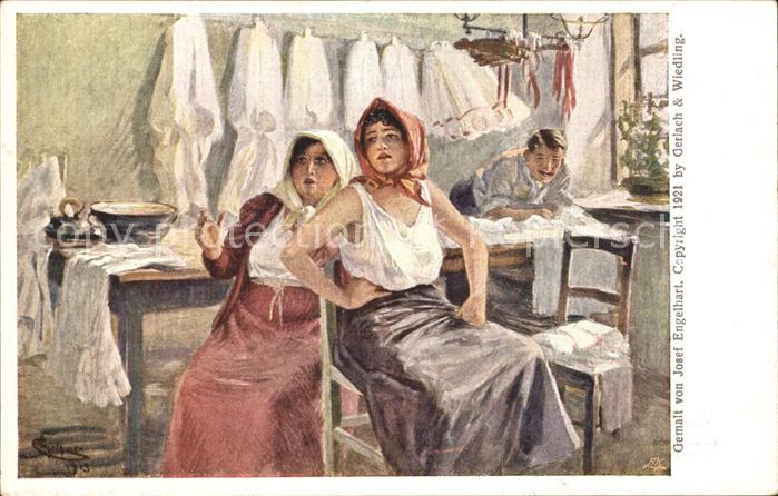 Kuenstlerkarte Josef Engelhart Schneider Frauen Kleidung Alt-Wiener-Serie