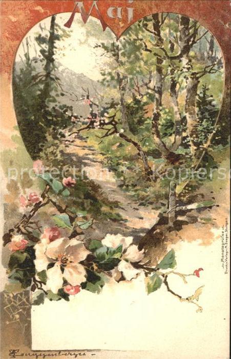 Monatskarte Mai Herz Wald Blumen Litho