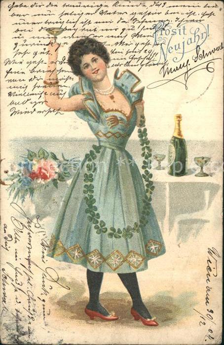 Neujahr Frau Kleid Sekt Rose Litho Kleeblatt