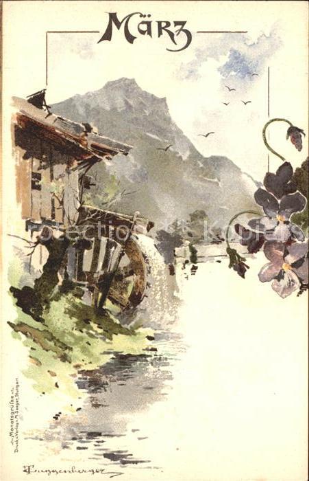 Monatskarte Maerz Wassermuehle Veilchen Thomas Guggenberger Litho