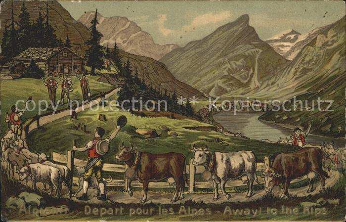 Kuehe Alpfahrt Senner Litho