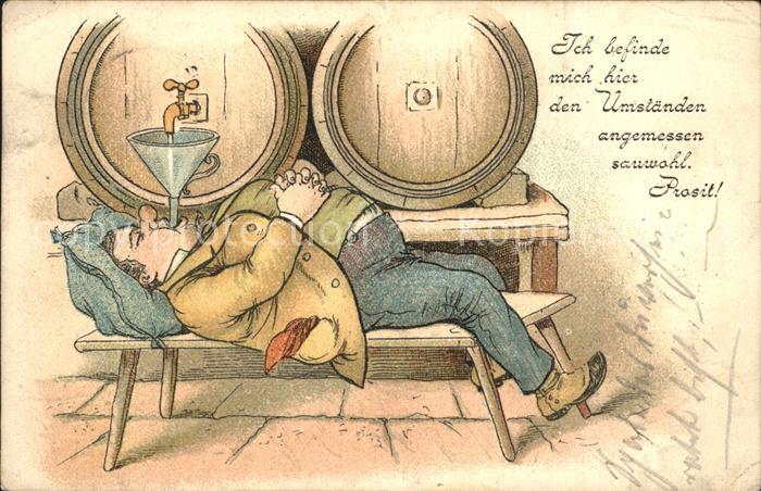 Bier Bierfass Trichter Mann Neujahr Litho