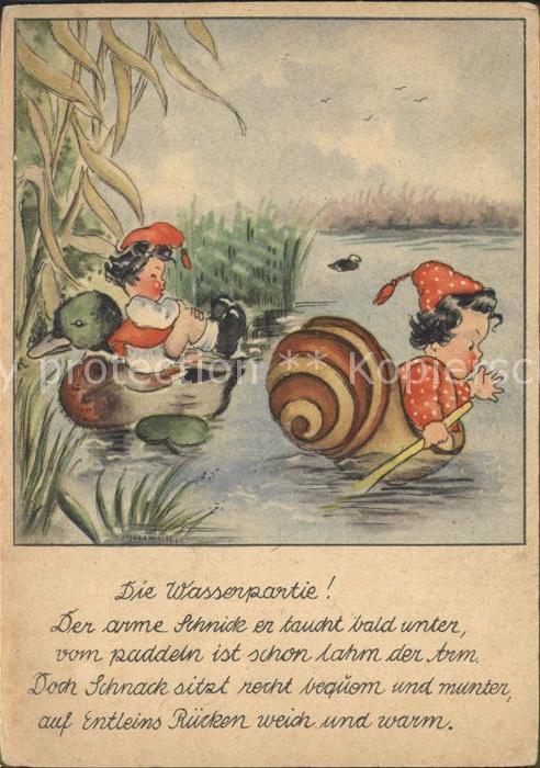 Kuenstlerkarte Marg. Palu Schnecke Ente Maedchen Wasserpartie Paddeln