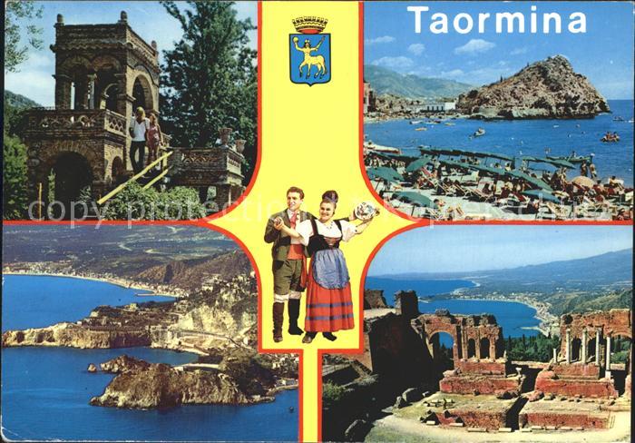 Taormina Sizilien Teilansichten Kueste Strand Ruine Trachten