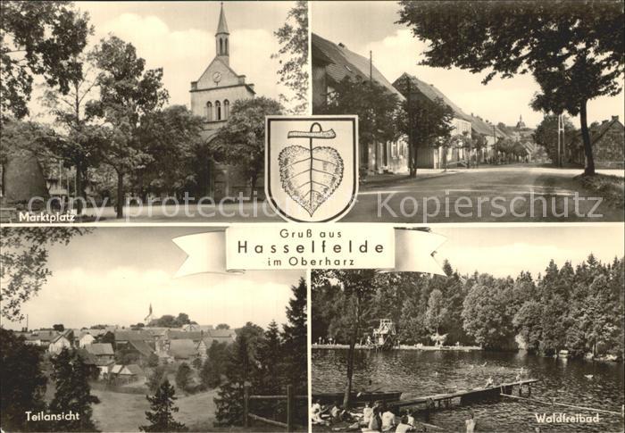 Hasselfelde Marktplatz Strassenpartie Waldfreibad Teilansicht Wappen