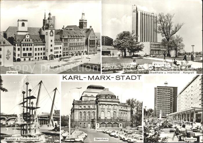 Karl-Marx-Stadt Rathaus Stadthalle Interhotel Kongress Rosenhof Opernhaus Brunne