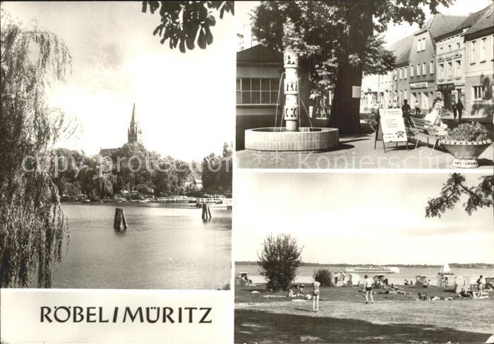 Roebel Mueritz Partie an der Mueritz Kirche Marktplatz Brunnen Strand