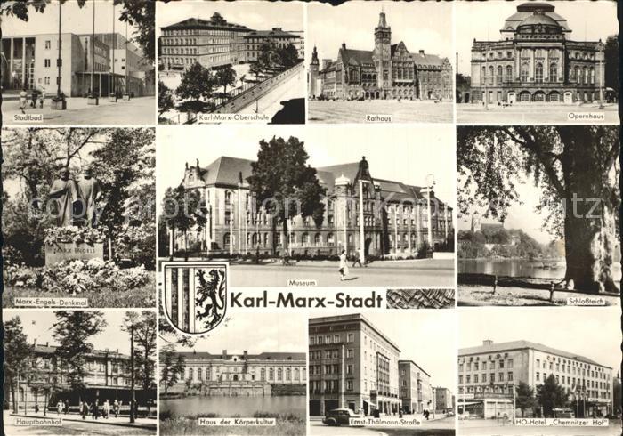 Karl-Marx-Stadt Stadtbad Schule Rathaus Opernhaus Schlossteich HO Hotel Museum M