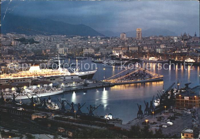 Genova Genua Liguria Panorama notturno del porto e Leonardo da Vinci Dampfer Haf