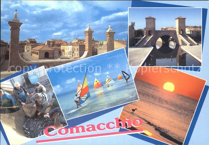 Comacchio Bruecke Trepponti Fischer Windsurfen Sonnenuntergang