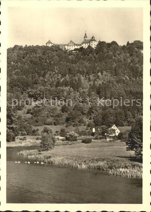 Langenburg Wuerttemberg Blick von der Jagst auf das Schloss