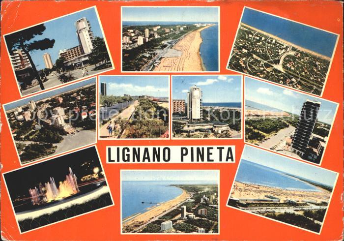 Lignano Pineta Teilansichten Hochhaus Strand Wasserspiele