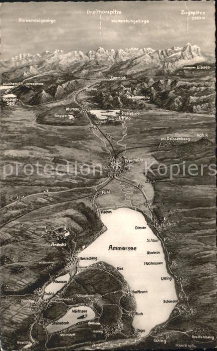 Ammersee Panoramakarte mit Kloster Andechs Pilsensee Woerthersee