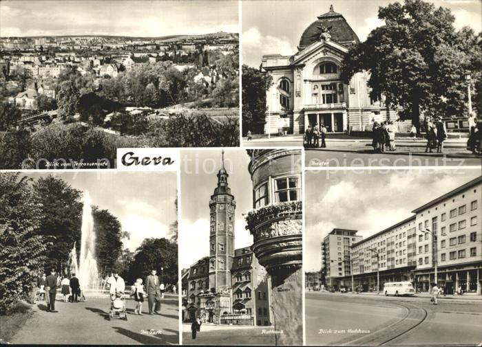 Gera Blick vom Terrassencafe Theater Hochhaus Rathaus Erker Park Fontaene