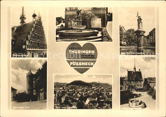 Poessneck Rathaus Giebel Gaensediebbrunnen Marktbornmann Weisse Turm Sandberg Ma