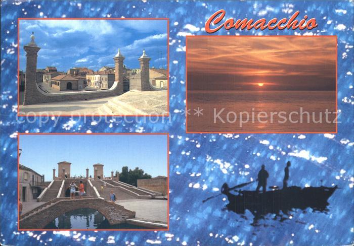 Comacchio Bruecke Trepponti Sonnenuntergang Fischerboot