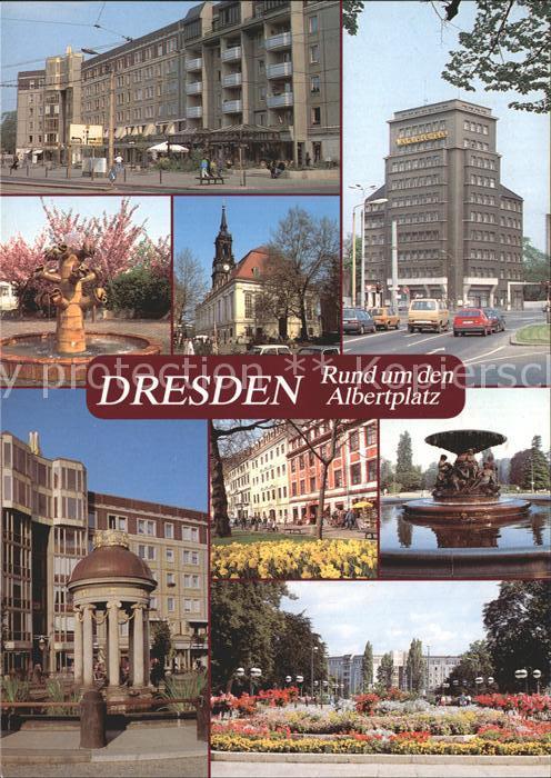 DRESDEN Elbe Rund um den Albertplatz Cafe Hochhaus Brunnen Kirche