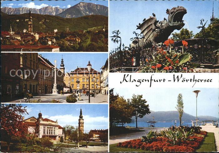 Klagenfurt Woerthersee mit Koschuta Alter Platz Stadttheater Lindwurmbrunnen See