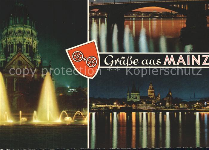 Mainz Rhein Christuskirche Dom und Rheinbruecke bei Nacht