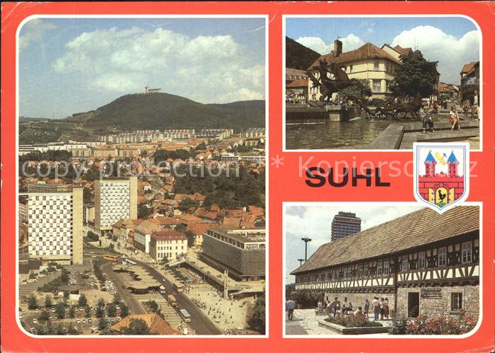 Suhl Thueringer Wald Teilansicht Hochhaeuser Dianabrunnen Waffenmuseum