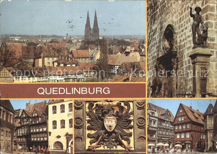 Quedlinburg Harz Blick vom Burgberg Brunnenfigur Blasiikirche Markt Haeuser Wapp
