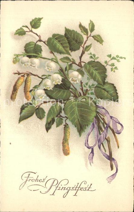 Pfingsten Pentecost Pentecote Birkenblaetter Haselkaetzchen Maigloeckchen Litho