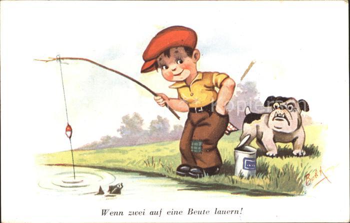 Hunde Bulldog Kind Angeln Fisch Kuenstlerkarte Bob King