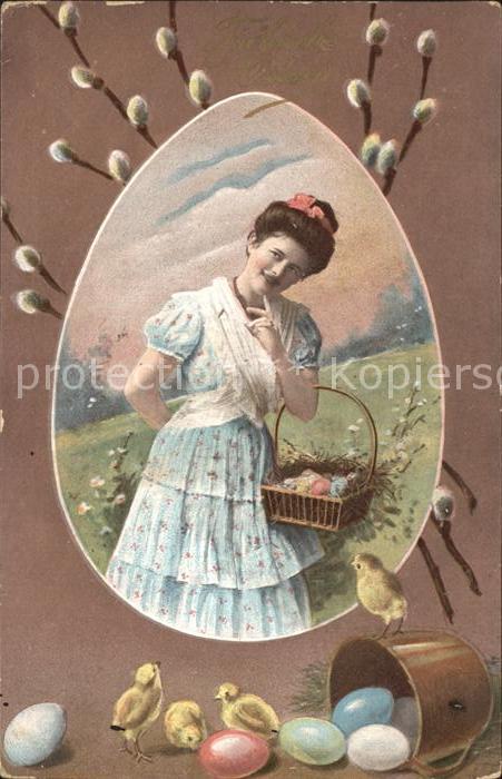 Ostern Easter Paques Frau Kueken Ostereier Weidenkaetzchen Litho