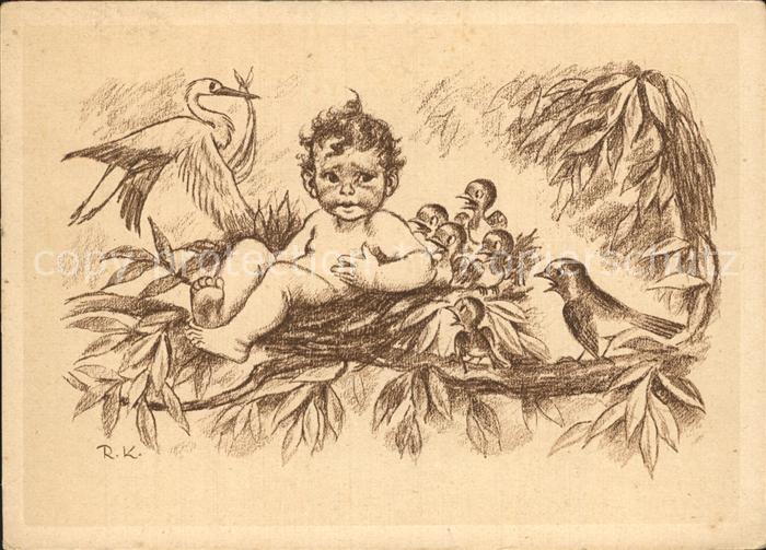 Baby Nursery Bebe Storch Voegel Vogelnest Kuenstlerkarte R. K.