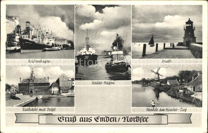 Emden Ostfriesland Aussenhafen Neuer hafen Mole Rathaus mit Delft Muehle am Hint