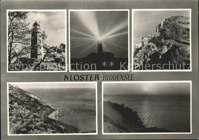 Kloster Hiddensee Leuchtturm bei Nach Felsen Steilkueste Sonnenuntergang