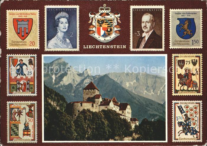 Briefmarken auf Postkarte Fuerstentum Liechtenstein Schloss Vaduz Fuerst Franz J
