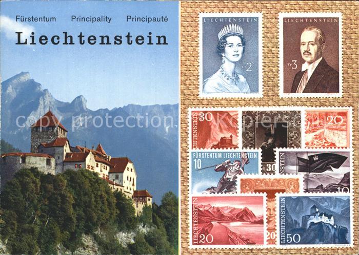 Briefmarken auf Postkarte Fuerstentum Liechteinstein Schloss Vaduz Falknis