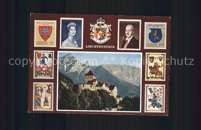 Briefmarken auf Postkarte Fürstentum Liechtenstein Schloss Vaduz