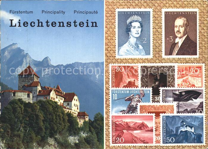 Briefmarken auf Postkarte Fürstentum Liechtenstein Schloss Vaduz