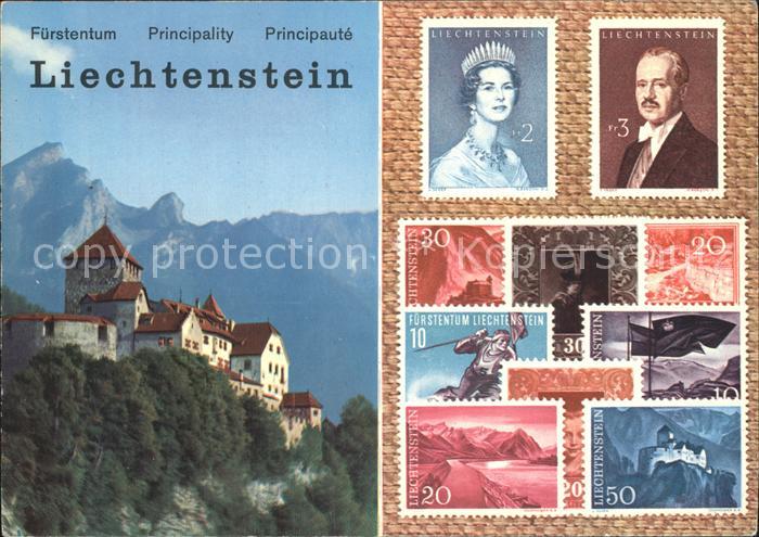 Briefmarken auf Postkarte Fuerstentum Liechtenstein Schloss Vaduz