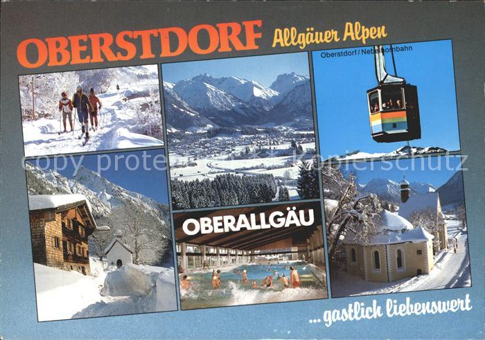 Oberstdorf Skilaeufer Totalansicht Nebelhornbahn Hallenbad Kirche