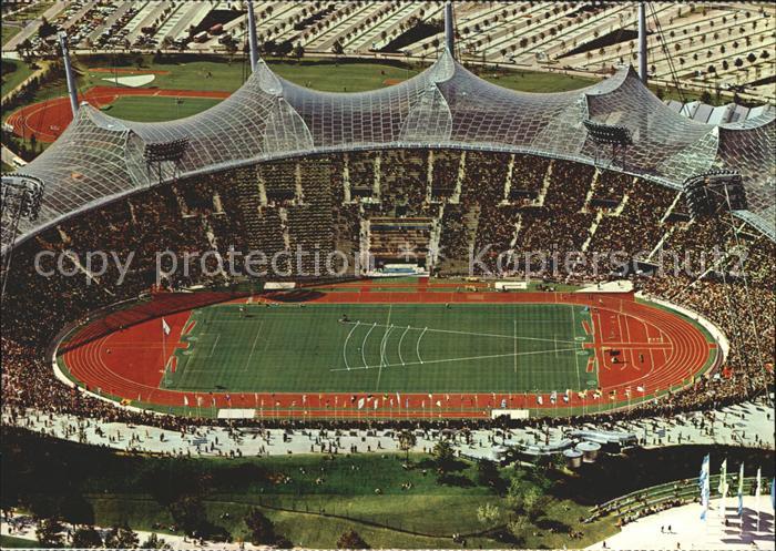 Muenchen Bayern Blick vom Olympiaturm ins Olympiastadion