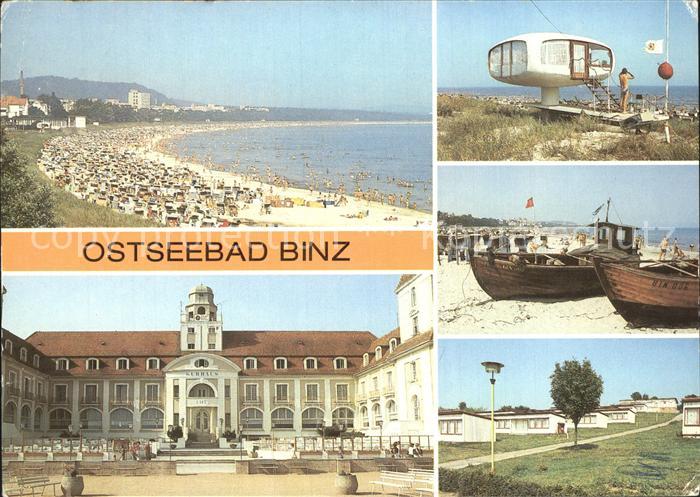 Binz Ruegen Strand Kurhaus Cafe Rettungsturm Fischerboote am Strand Urlauberdorf