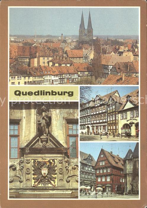 Quedlinburg Harz Blick vom Burgberg Kirche Kornmarkt Wappen Rathaus Haeuser am M