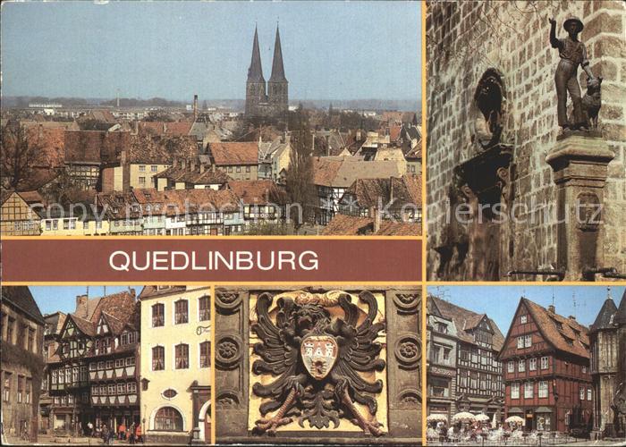 Quedlinburg Harz Blick vom Burgberg Kirche Brunnenfigur Blasiikirche Markt Wappe