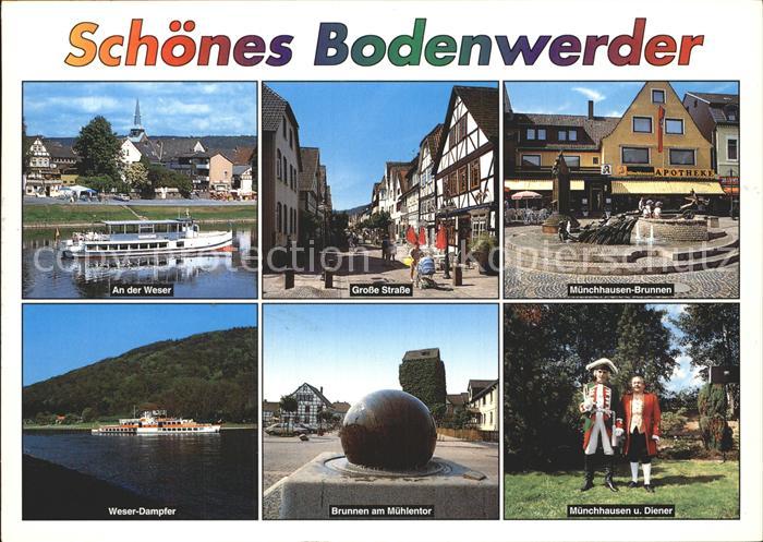 Bodenwerder Partie an der Weser Dampfer Grosse Strasse Muenchhausen Brunnen Mueh