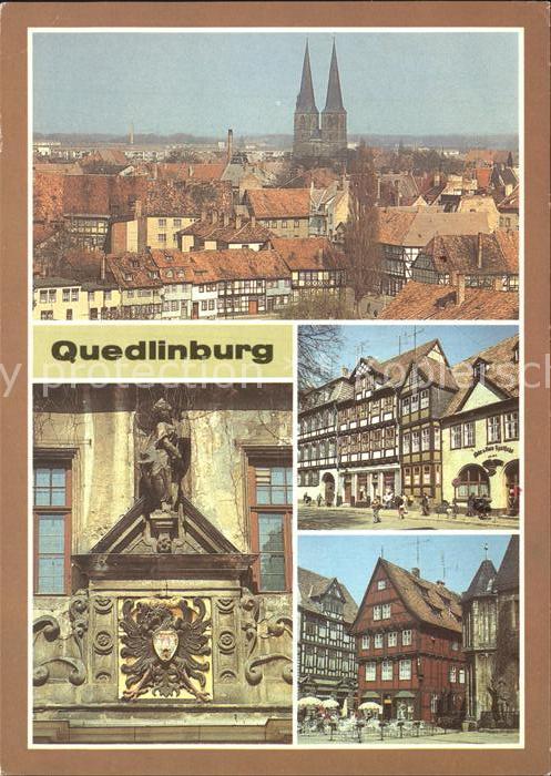 Quedlinburg Harz Blick vom Burgberg Kirche Kornmarkt Wappen Rathaus Haeuser am M