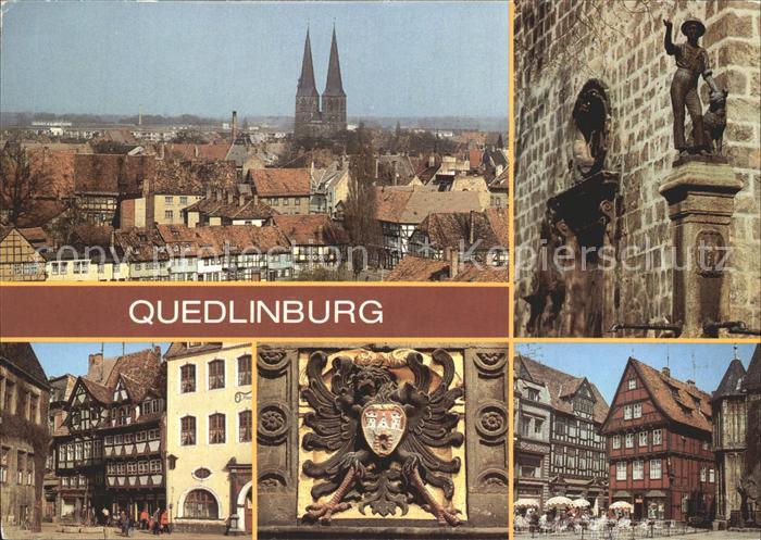 Quedlinburg Harz Blick vom Burgberg Kirche Brunnenfigur Blasiikirche Markt Wappe